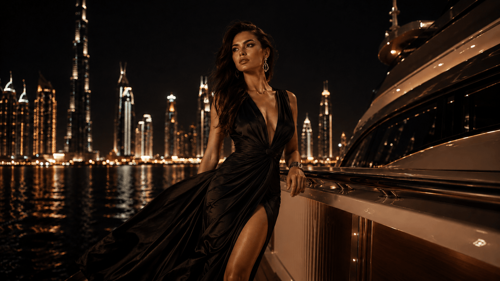 Model in champagne-gold evening dress on a luxury yacht at night in Dubai